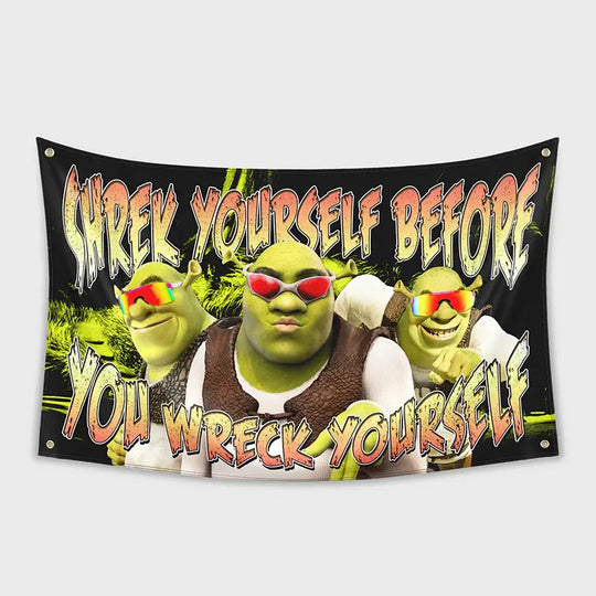 Shreck flag meme banner featuring Shrek characters with humorous text for meme lovers and cartoon decor.