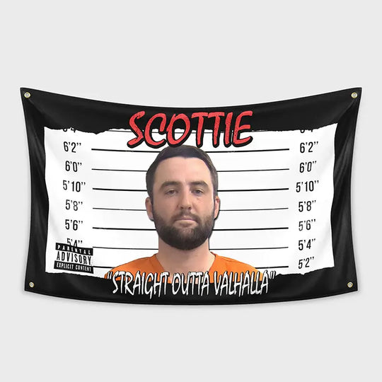 Scottie mugshot flag decor featuring a humorous design with a height chart and pop culture elements.