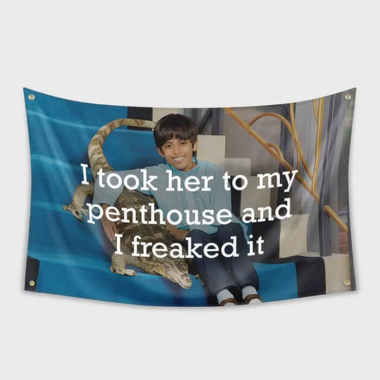 Penthouse meme flag featuring a retro-style quote and an image of a boy sitting with a cat.