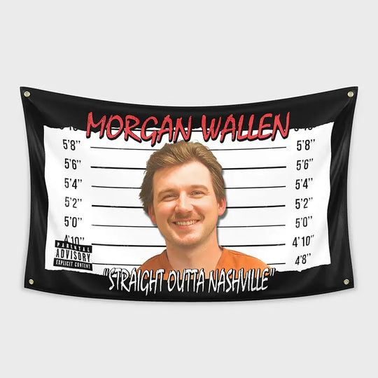 Morgan Wallen mugshot decor banner featuring 'Straight Outta Nashville' and meme-inspired design.