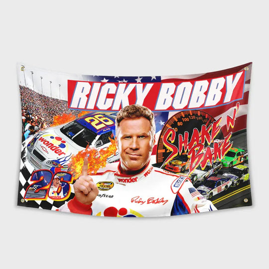 Ricky Bobby racing flag design featuring racing imagery and colorful text for NASCAR fans and dorm decor.
